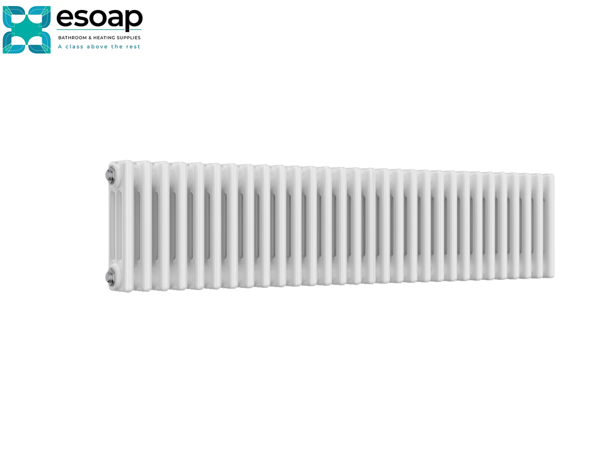 A white cast iron radiators by Esoap, shown from a side profile view against a solid white background, with the Esoap brand logo in the top-left corner Reina Colona Horizontal 3 Column 300x1370 White Designer Radiator
