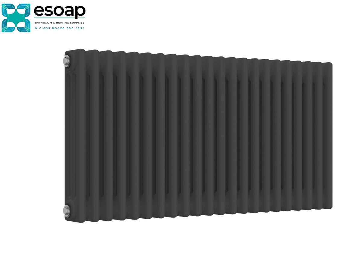 A dark gray cast iron radiator shown from a three-quarters perspective on a white background, with the Esoap brand logo in the top-left corner Reina Colona Horizontal 3 Column 500x1010 Anthracite Designer Radiator