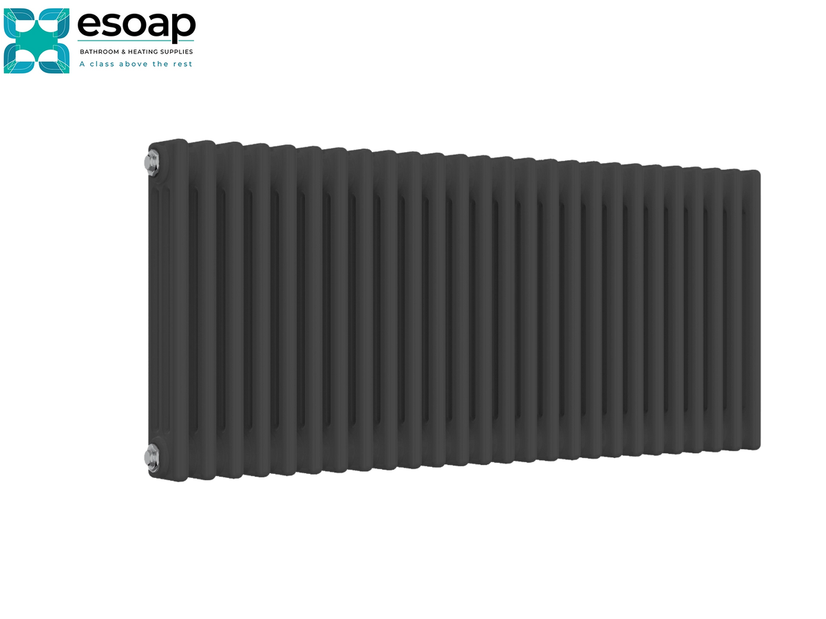 A dark gray cast iron radiator with a ribbed design, shown from a side angle on a white background with the Esoap logo in the top-left corner Reina Colona Horizontal 3 Column 500x1190 Anthracite Designer Radiator