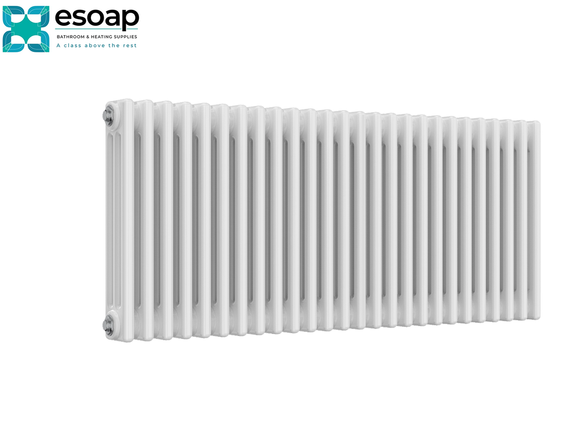 A white cast iron radiator with a ribbed, multi-pass design, shown from a three-quarters perspective on a plain white background. The Esoap brand logo is visible in the top-left corner Reina Colona Horizontal 3 Column 500x1190 White Designer Radiator