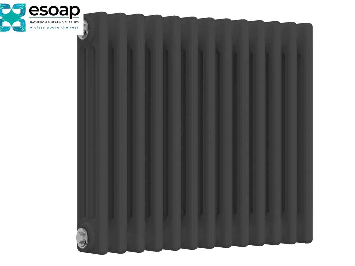 A dark gray ribbed panel radiator shown at an angle against a plain white background, with the Esoap brand logo in the top-left corner Reina Colona Horizontal 3 Column 500x605 Anthracite Designer Radiator
