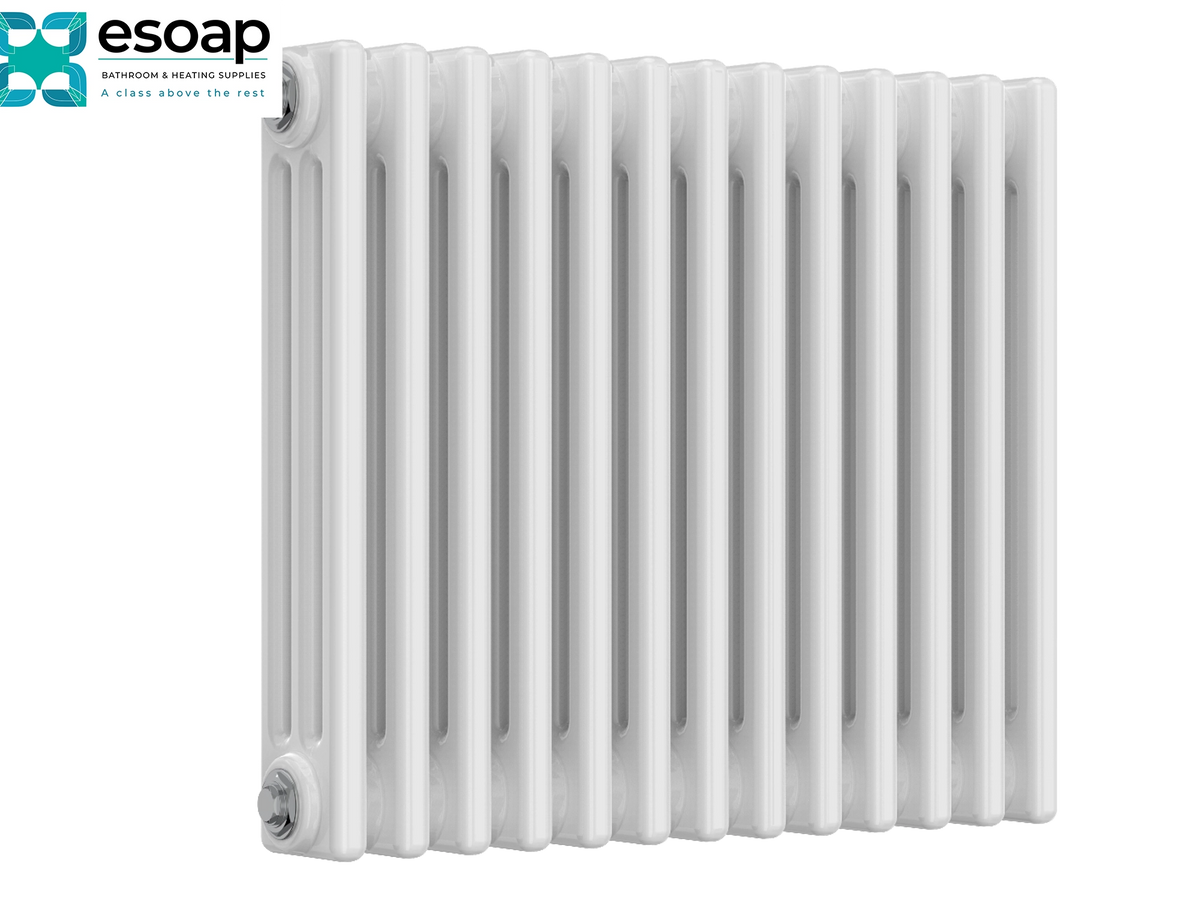 A white cast iron radiator with multiple vertical fins, shown against a plain white background. The Esoap brand logo is visible in the top-left corner Reina Colona Horizontal 3 Column 500x605 White Designer Radiator