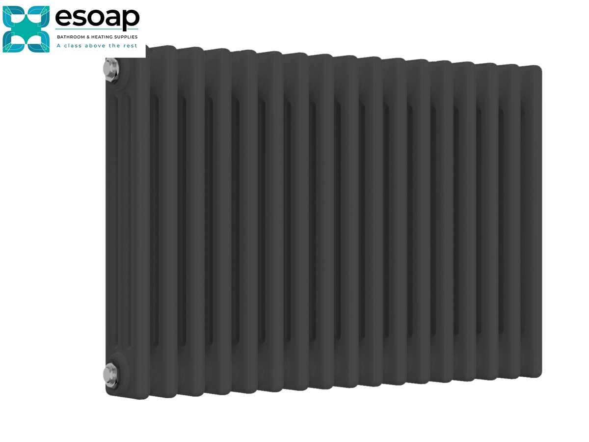 A dark charcoal gray cast iron radiator shown from a three-quarter angle on a white background, featuring the 'esoap' brand logo in the top-left corner Reina Colona Horizontal 3 Column 500x785 Anthracite Designer Radiator