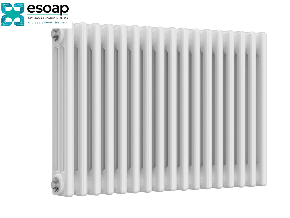 A white cast iron radiator with vertical fins, shown from a front-three-quarters angle on a white background with the esoop logo in the top-left corner Reina Colona Horizontal 3 Column 500x785 White Designer Radiator
