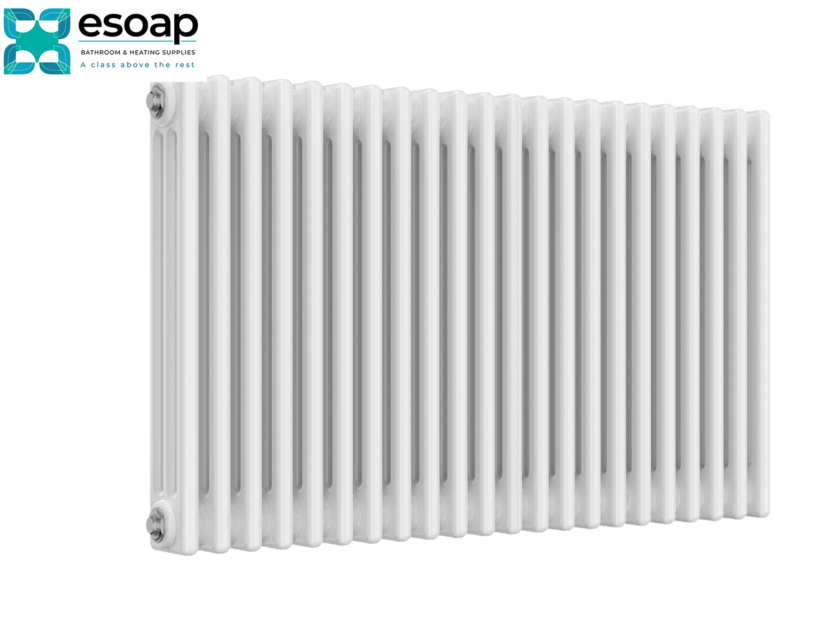 A white cast iron radiators by esoop, featuring a modern multi-ribbed design, shown against a plain white background with the brand logo in the top-left corner Reina Colona Horizontal 3 Column 600x1010 White Designer Radiator
