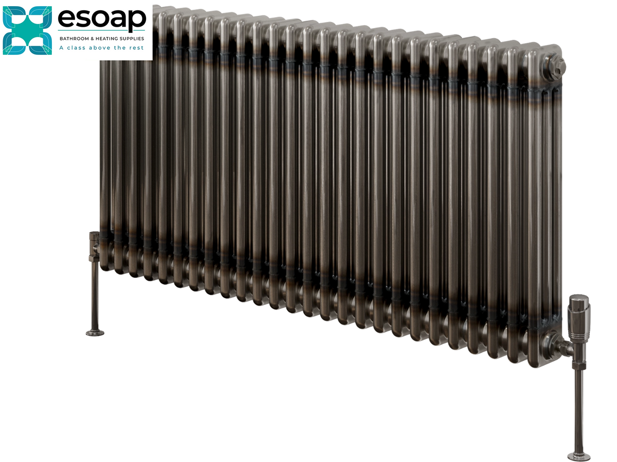 A dark metallic cast iron radiators with a vertical tube design, shown from a three-quarters angle on a white background with an Esoap logo in the top-left corner Reina Colona Horizontal 3 Column 600x1190 Raw Steel Lacquer Designer Radiator