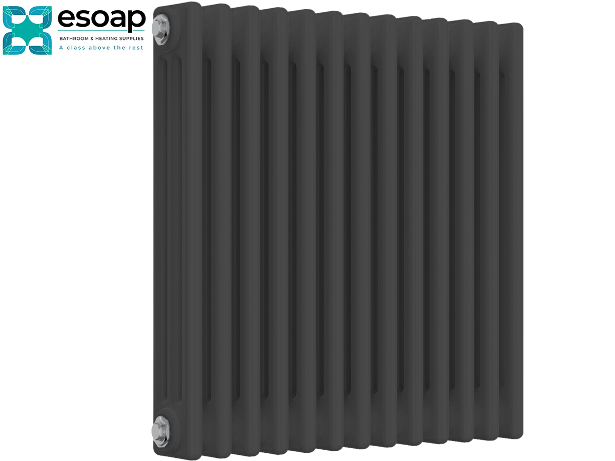 A dark gray cast iron radiator with a ribbed vertical design, shown at a three-quarter angle on a white background with the Esoap logo in the top-left corner Reina Colona Horizontal 3 Column 600x605 Anthracite Designer Radiator