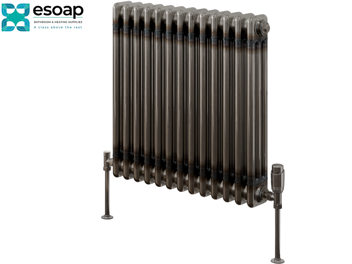 A dark metallic cast iron radiator with integrated floor legs, shown against a plain white background with the Esoap brand logo in the top-left corner Reina Colona Horizontal 3 Column 600x605 Raw Steel Lacquer Designer Radiator
