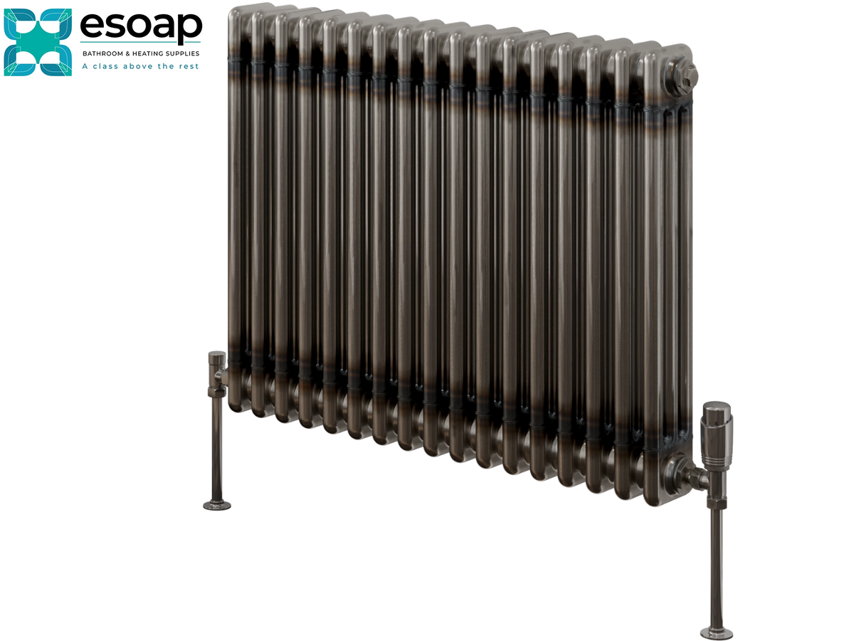 A dark metallic cast iron radiator with vertical tubes, supported by two adjustable legs, shown on a plain white background with the Esoap brand logo in the top-left corner Reina Colona Horizontal 3 Column 600x785 Raw Steel Lacquer Designer Radiator
