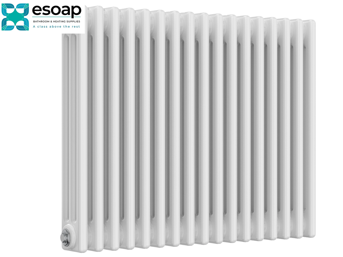 A white cast iron radiators with vertical fins, shown against a plain white background with an Esoap logo in the top-left corner Reina Colona Horizontal 3 Column 600x785 White Designer Radiator