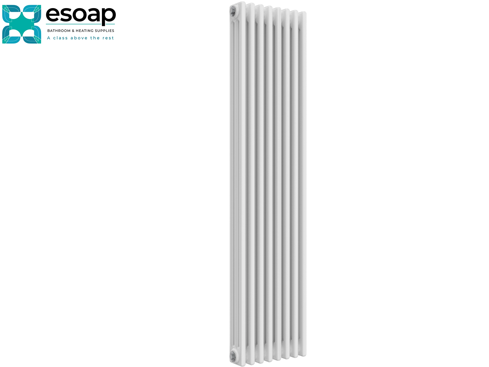 White colona 500x380 designer vertical radiator on a white background with Esoap branding.