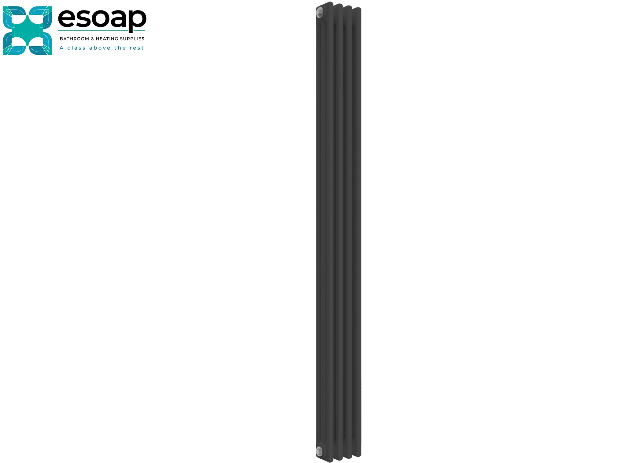 antracite  Colona 1800 x 200 designer vertical radiator on white background featuring esoap branding