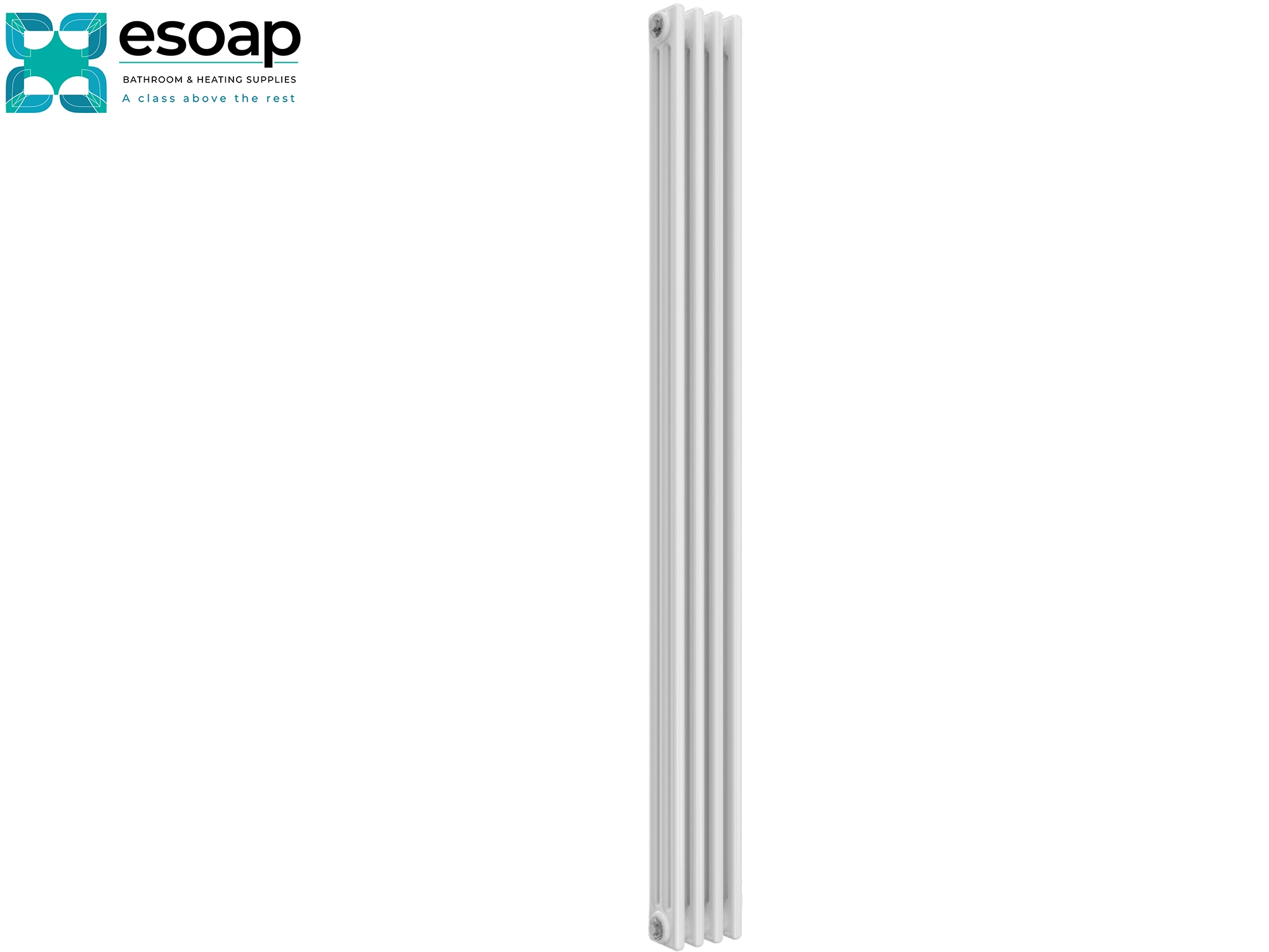 White colona 1800 x 200 designer vertical radiator on a white background with Esoap branding.