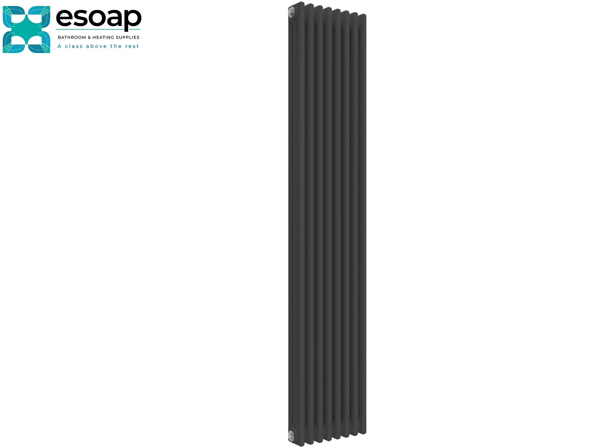 anthracite vertical radiator 1800 x 300  on a white background with 'esoap' branding.