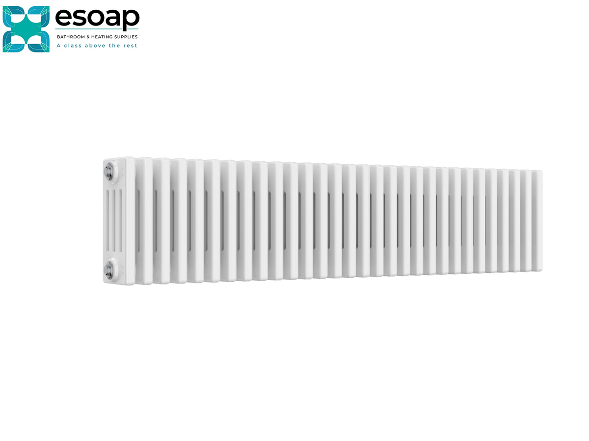 A long white ribbed metal radiator shown from the side on a plain white background, with the Esoap logo in the top-left corner Reina Colona Horizontal 4 Column 300x1010 White Designer Radiator