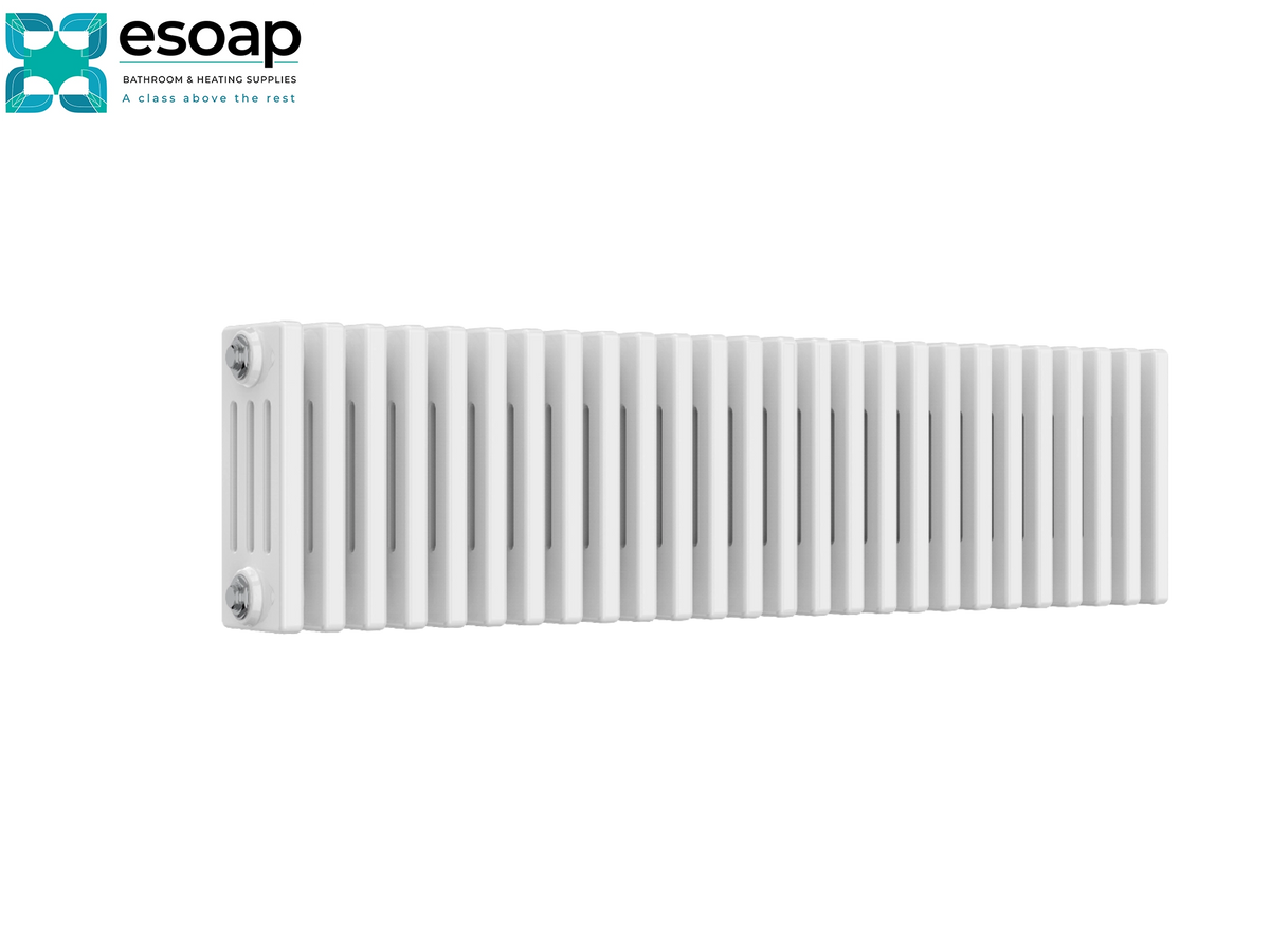 A white multi-branch central heating radiator shown from a side angle against a plain white background, with the Esoap brand logo in the top-left corner Reina Colona Horizontal 4 Column 300x1190 White Designer Radiator
