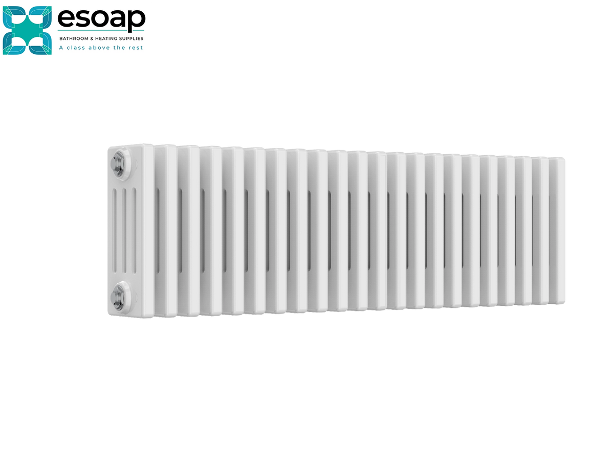 A white ribbed panel radiator shown from a side angle on a plain white background, with the Esoap brand logo in the top-left corner Reina Colona Horizontal 4 Column 300x1370 White Designer Radiator
