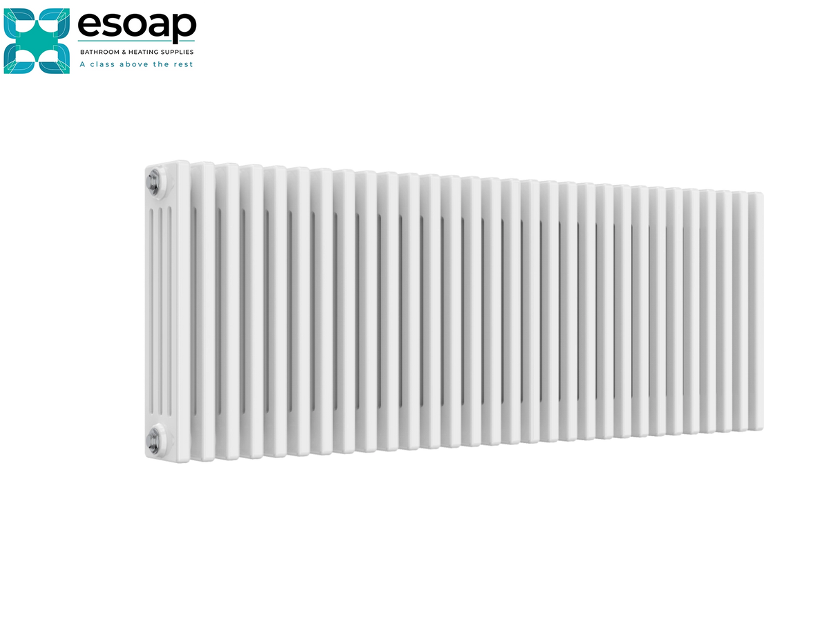 A white cast iron radiators with vertical fins, shown from a front angle on a white background with the Esoap logo in the top left corner Reina Colona Horizontal 4 Column 500x1370 White Designer Radiator