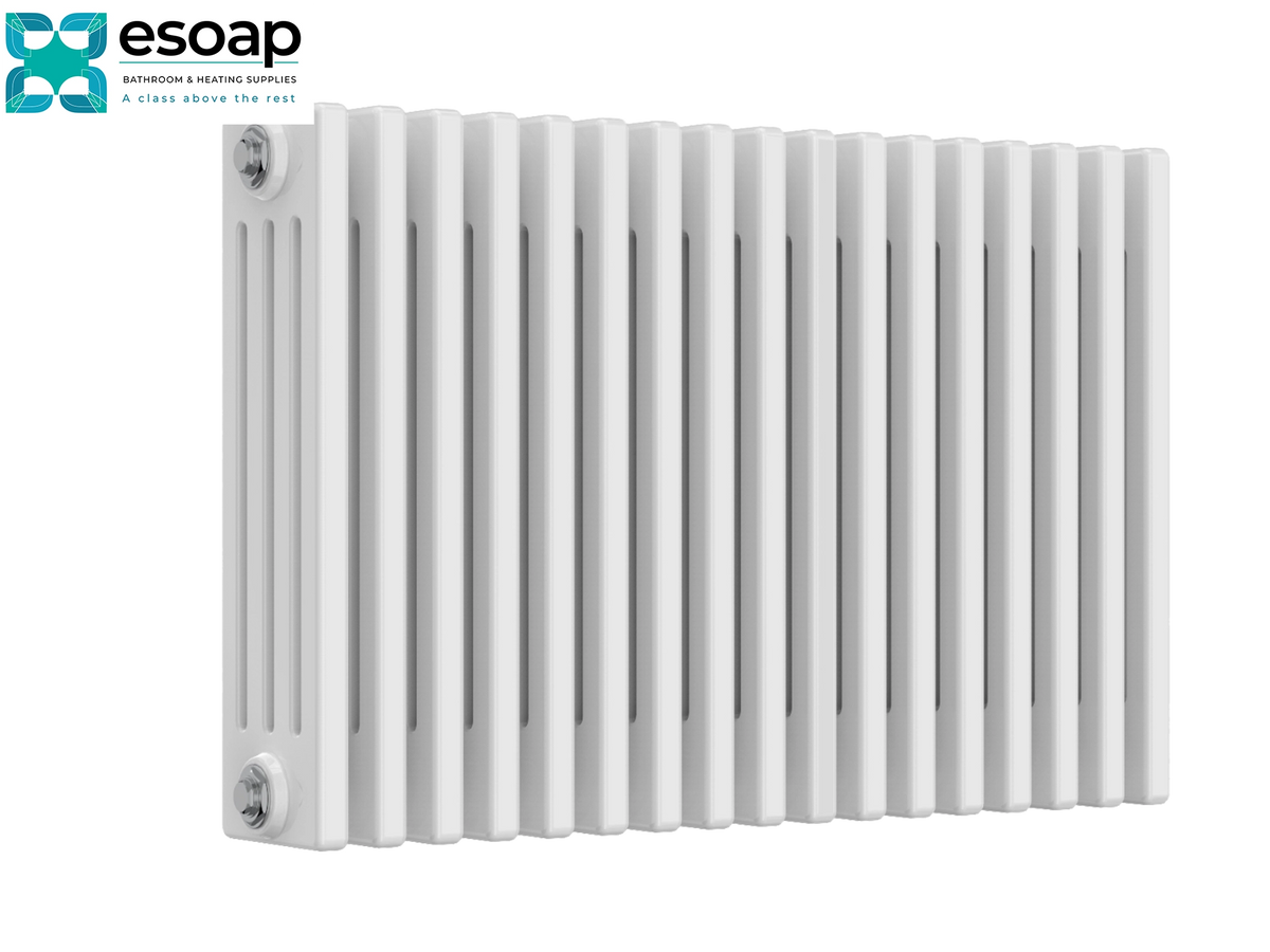 A white cast iron radiators with vertical fins, shown from a three-quarters angle on a white background with the Esoap logo in the top-left corner Reina Colona Horizontal 4 Column 500x785 White Designer Radiator