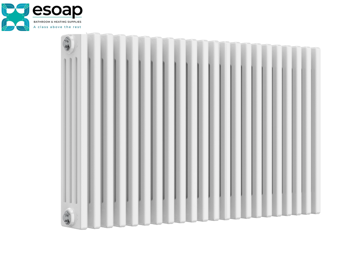 A white cast iron radiator with vertical fins, shown from a three-quarters angle on a white background with the esoop logo in the top-left corner Reina Colona Horizontal 4 Column 600x1190 White Designer Radiator
