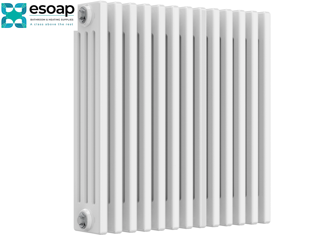 A white cast iron radiator with vertical fins, featuring a top inlet pipe and a bottom outlet pipe with screw connections, shown against a plain white background with the Esoap logo in the top-left corner Reina Colona Horizontal 4 Column 600x605 White Designer Radiator