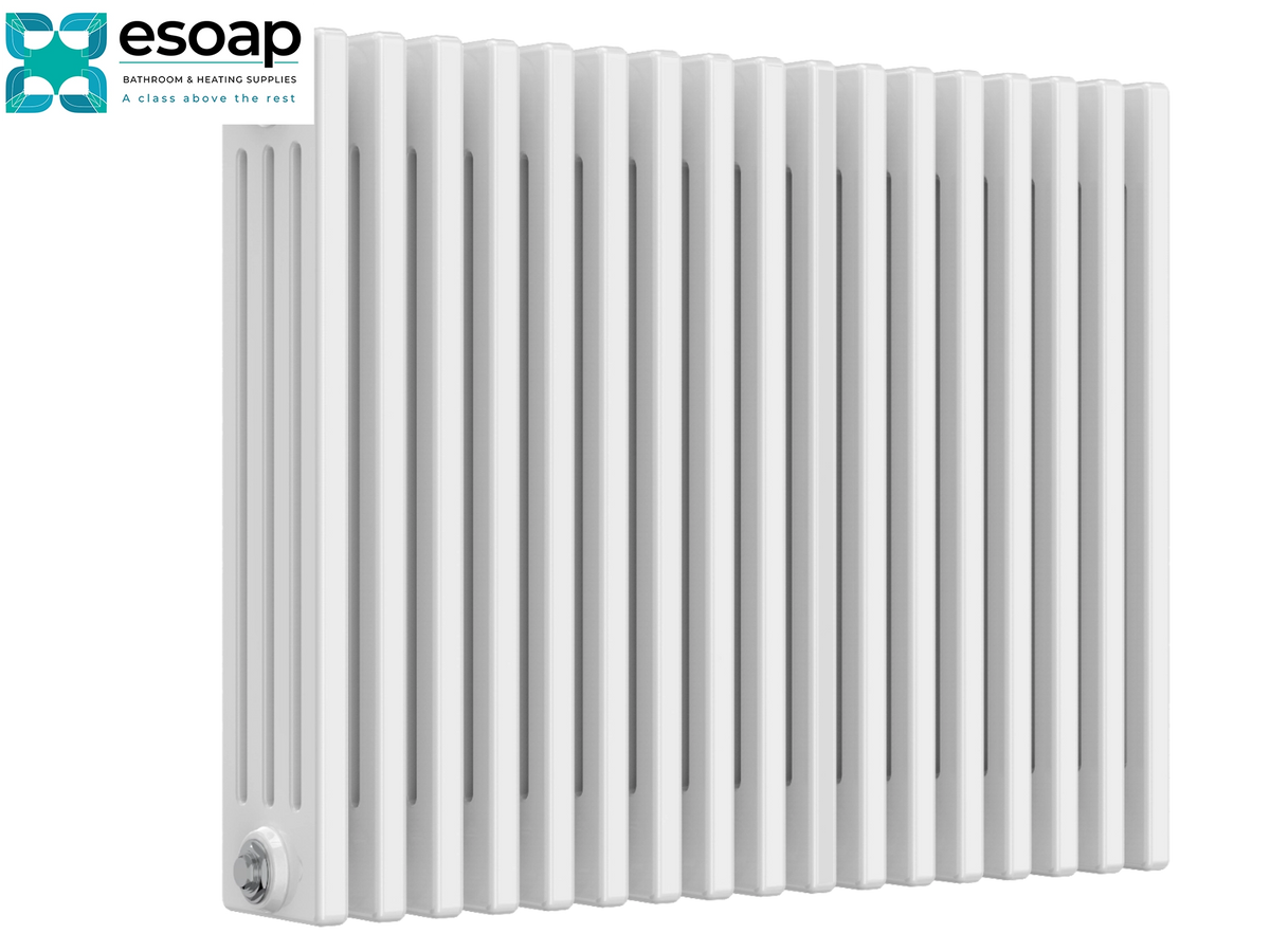 A white vertical slat radiator shown on a plain white background, with the Esoap logo in the top-left corner Reina Colona Horizontal 4 Column 600x785 White Designer Radiator
