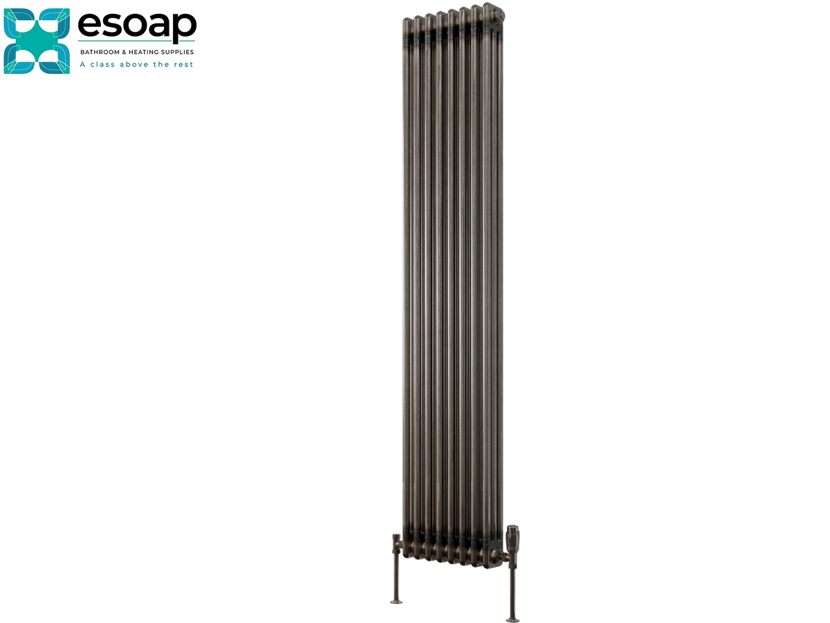 A tall multi-panel column-style radiator in a dark charcoal gray finish, shown on a plain white background with the Esoap brand logo in the top-left corner Reina Colona Vertical 3 Column 1800x380 Raw Steel Lacquer Designer Radiator