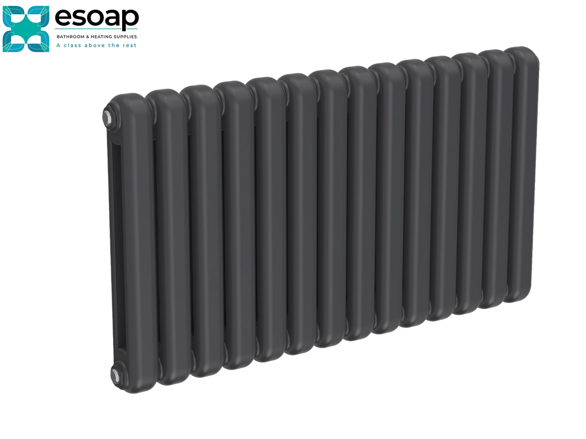 A dark gray cast iron radiator with a modern multi-bar design, shown at an angle on a white background with the Esoap logo in the top-left corner Reina Coneva Horizontal 550x1000 Anthracite Designer Radiator