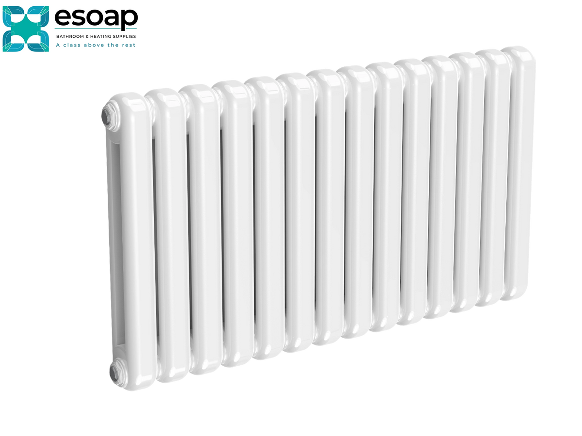 A white cast iron radiator with multiple vertical bars, shown at an angle on a white background with the esoop logo in the top-left corner Reina Coneva Horizontal 550x1000 White Designer Radiator