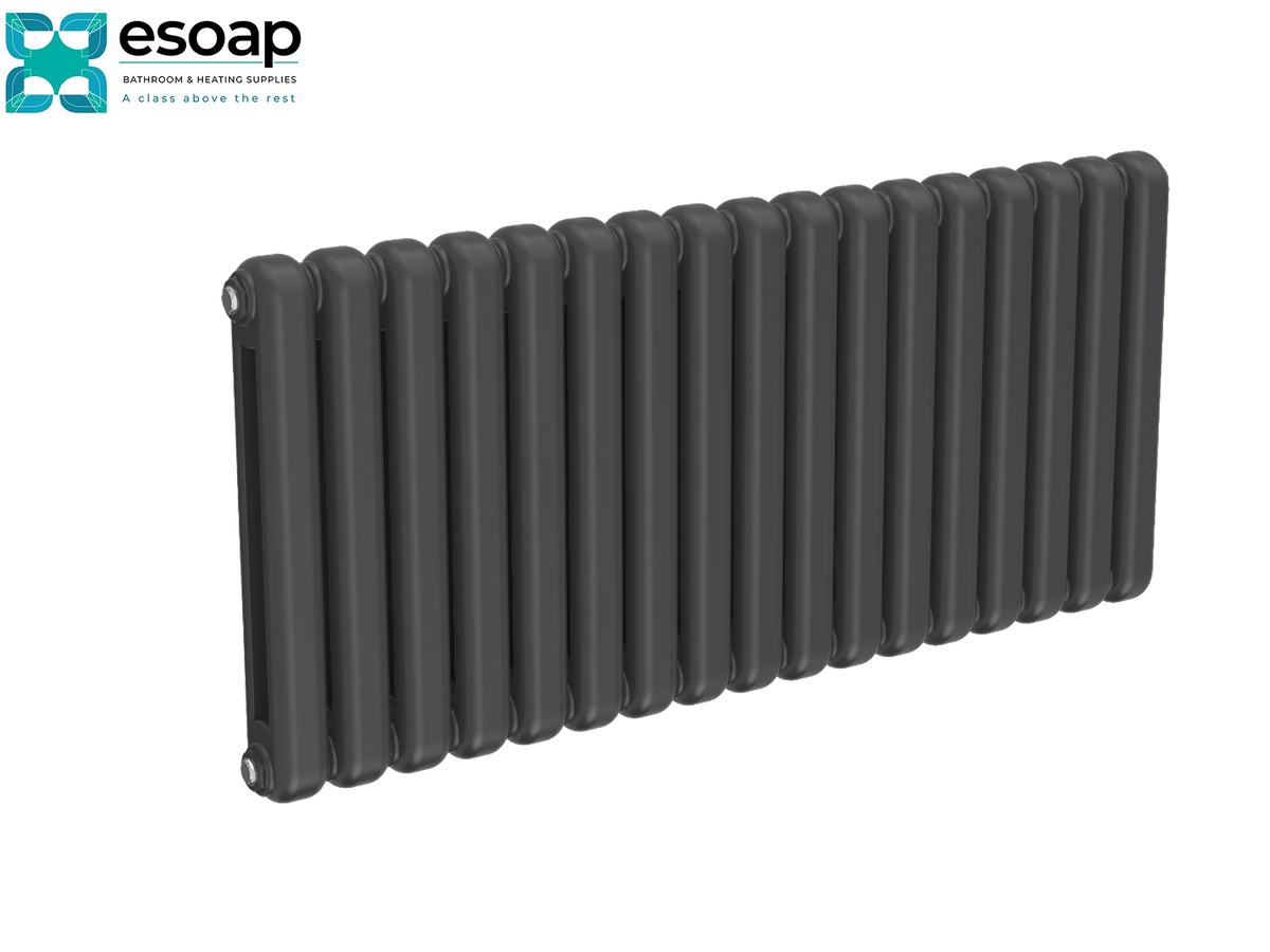A dark gray cast iron radiator shown at an angle on a white background, with the esoop logo in the top-left corner Reina Coneva Horizontal 550x1210 Anthracite Designer Radiator
