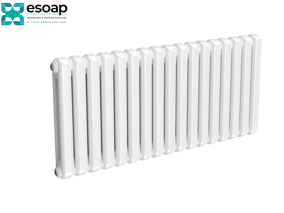 A white cast iron radiator with a slotted top and bottom connections, shown at an angle on a white background with the ESOAP brand logo in the top-left corner Reina Coneva Horizontal 550x1210 White Designer Radiator
