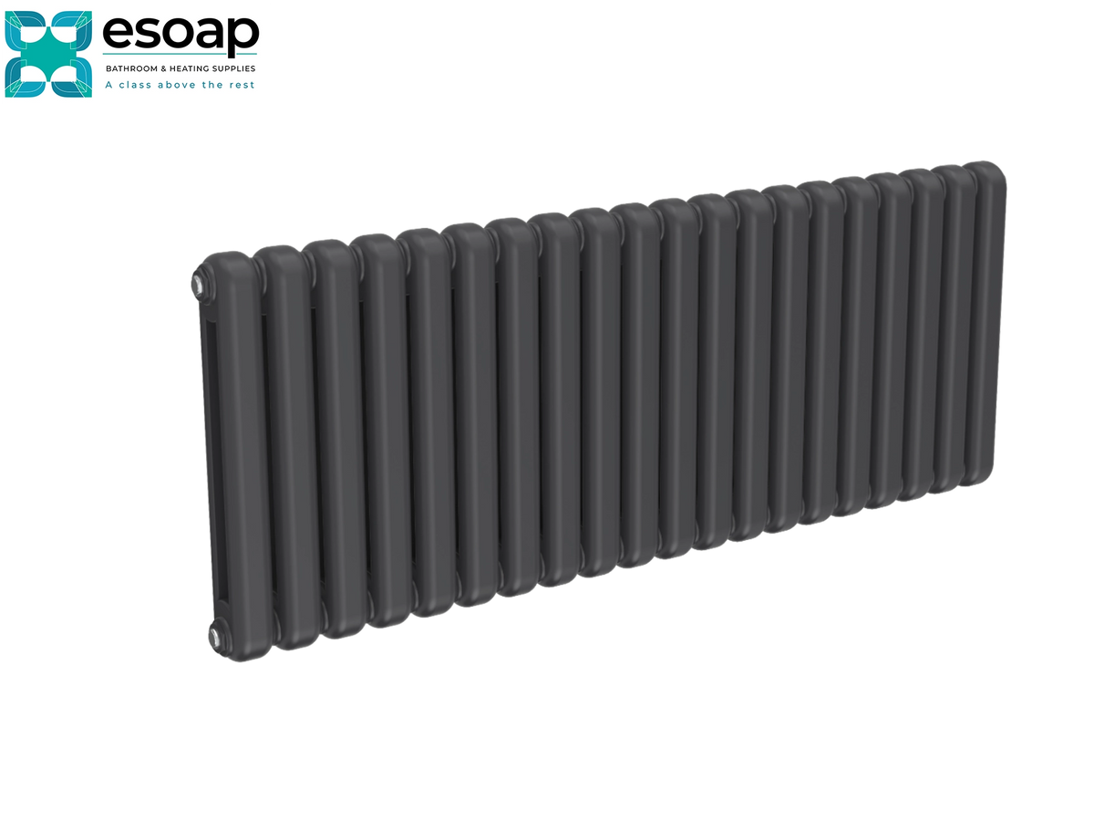 A dark gray cast iron radiator with a ribbed cylindrical design, shown at an angle on a white background with the Esoap brand logo in the top-left corner Reina Coneva Horizontal 550x1420 Anthracite Designer Radiator