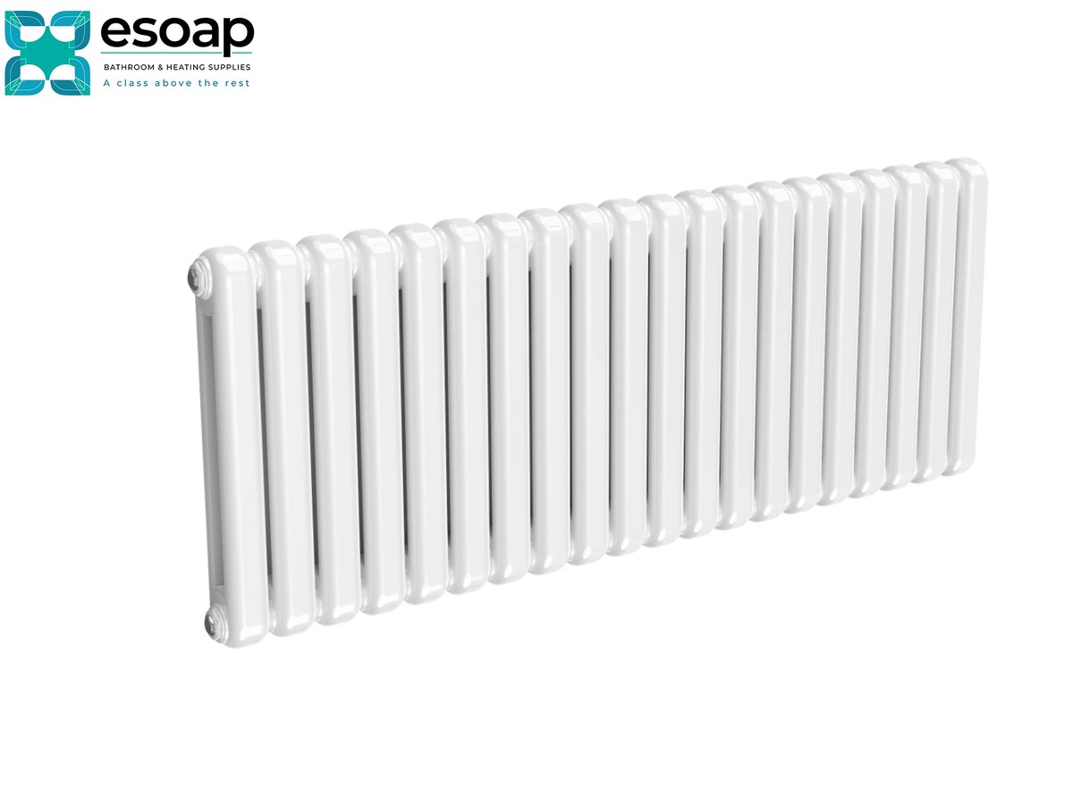 A white cast iron radiator with a modern multi-bar design, shown from an elevated angle on a plain white background with the Esoap brand logo in the top-left corner Reina Coneva Horizontal 550x1420 White Designer Radiator