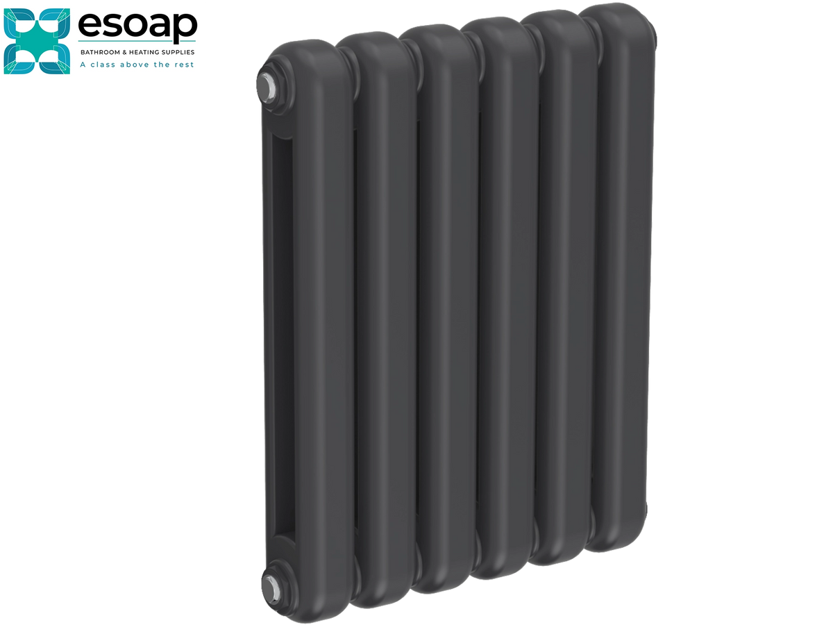 A dark charcoal gray multi-panel column radiator shown at an angle on a plain white background, with the Esoap brand logo in the top-left corner Reina Coneva Horizontal 550x440 Anthracite Designer Radiator