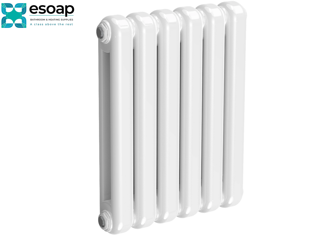 A white multi-panel vertical radiator shown on a clean white background, with the Esoap logo in the top-left corner Reina Coneva Horizontal 550x440 White Designer Radiator