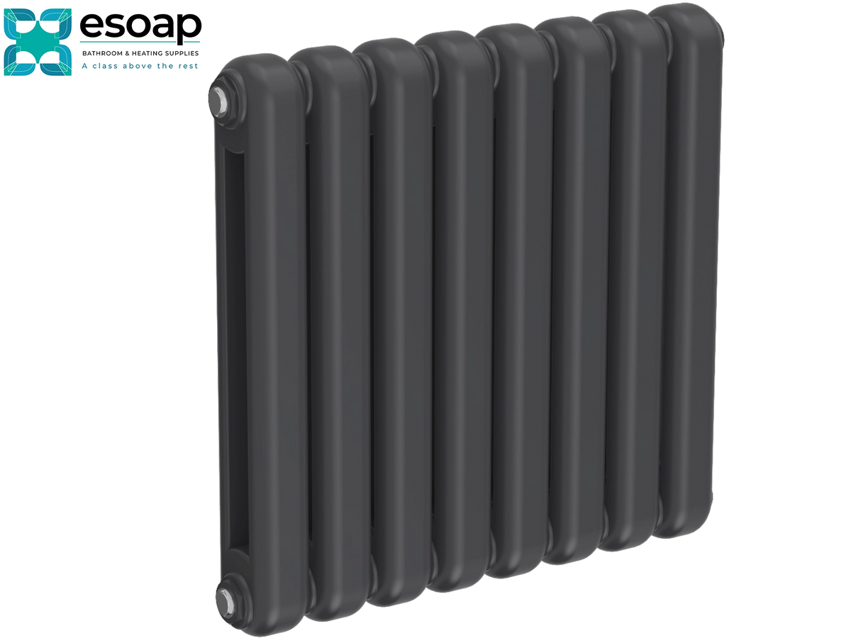 A dark gray multi-bar radiator shown at an angle on a white background, with the Esoap logo in the top-left corner Reina Coneva Horizontal 550x580 Anthracite Designer Radiator