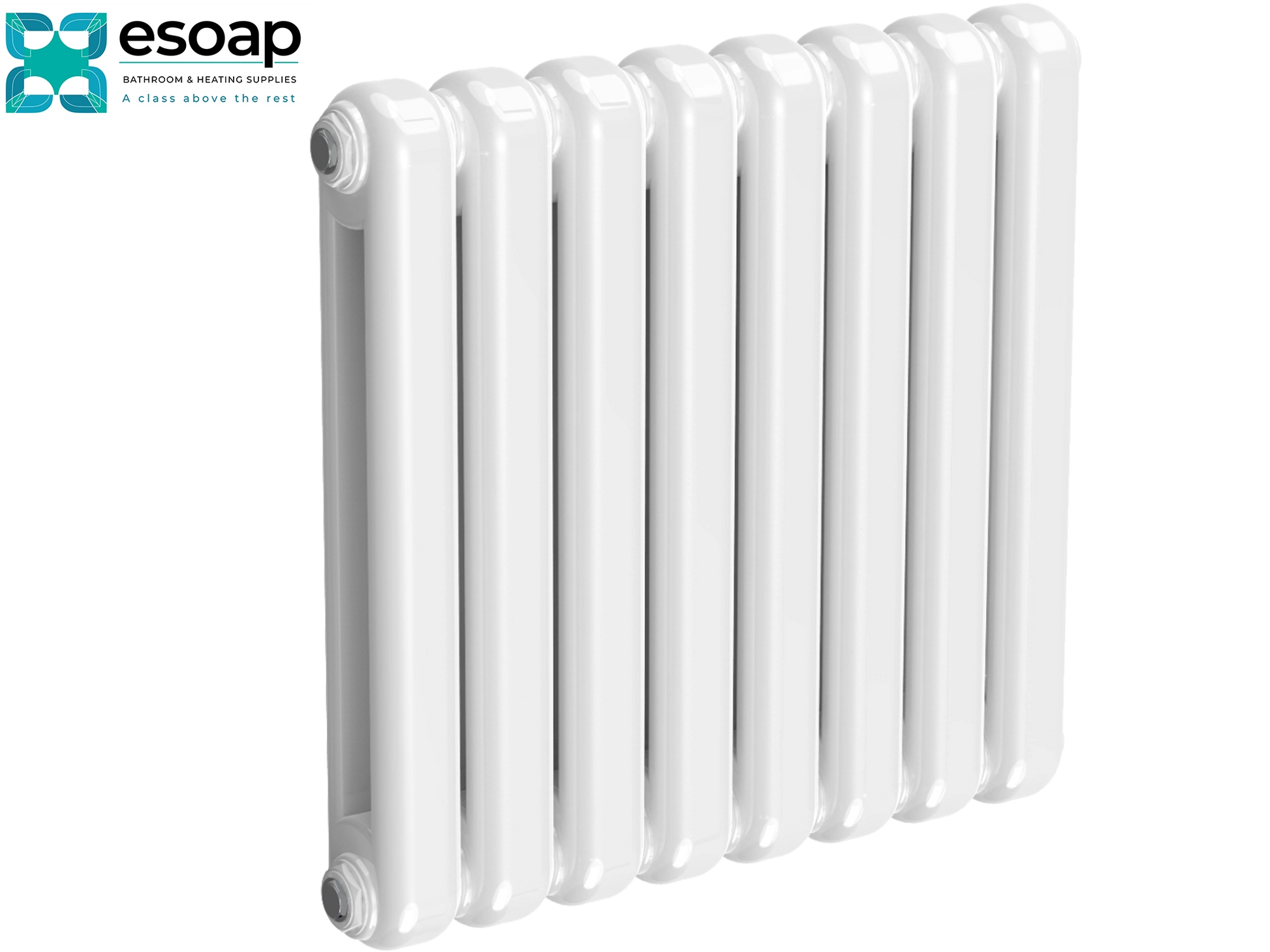 Coneva Horizontal 550 x 580 White radiator with esoap logo in the corner