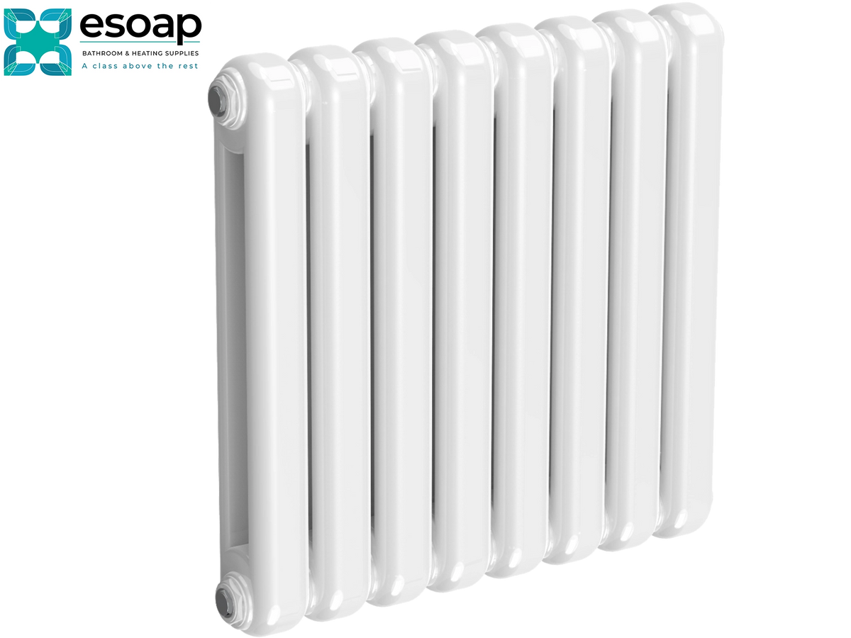 A white multi-panel cast iron radiator shown at an angle on a clean white background, with the Esoap brand logo in the top-left corner Reina Coneva Horizontal 550x580 White Designer Radiator