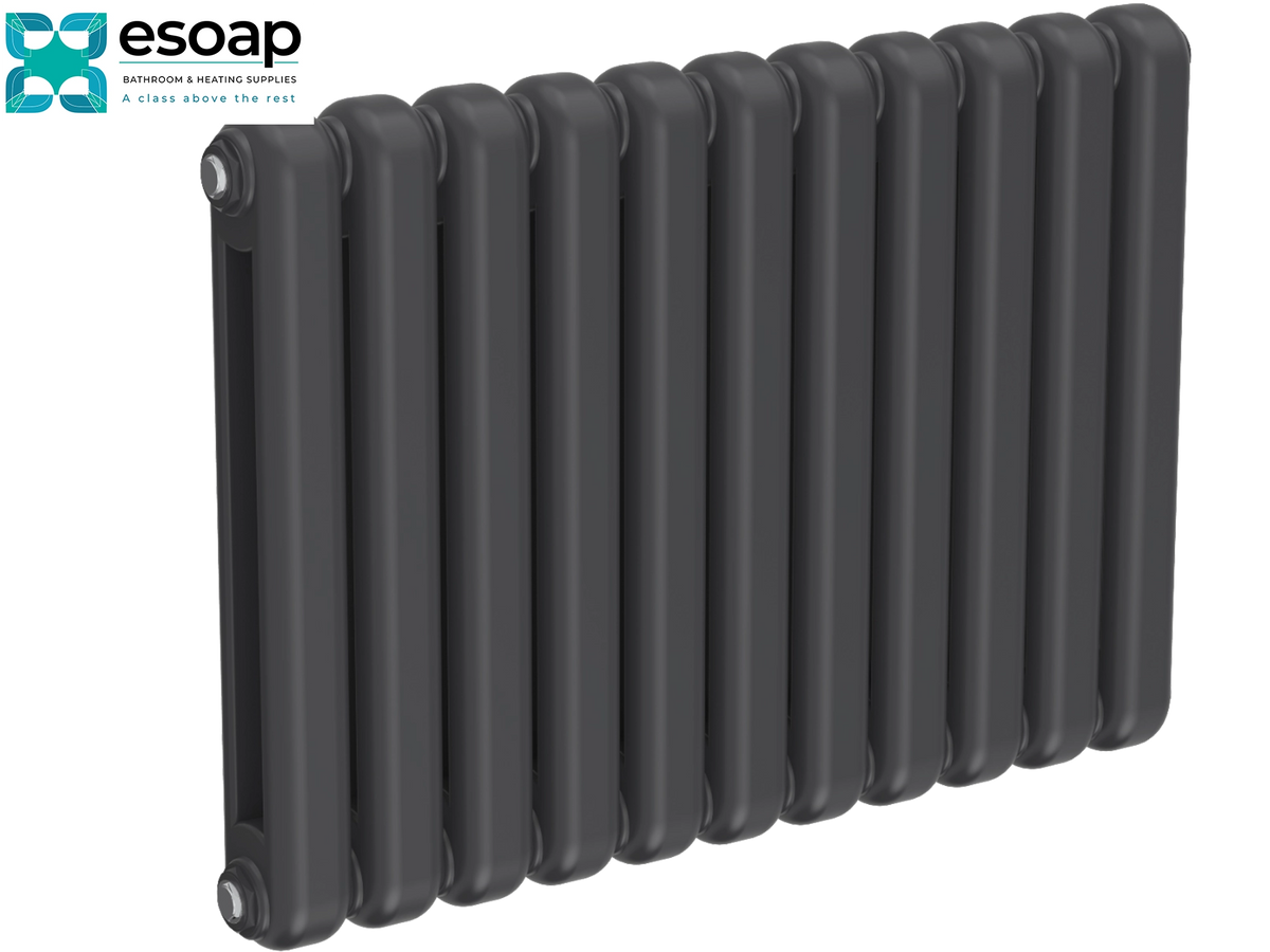 A dark gray cast iron panel radiator shown at an angle on a white background, featuring the Esoap logo in the top-left corner Reina Coneva Horizontal 550x790 Anthracite Designer Radiator