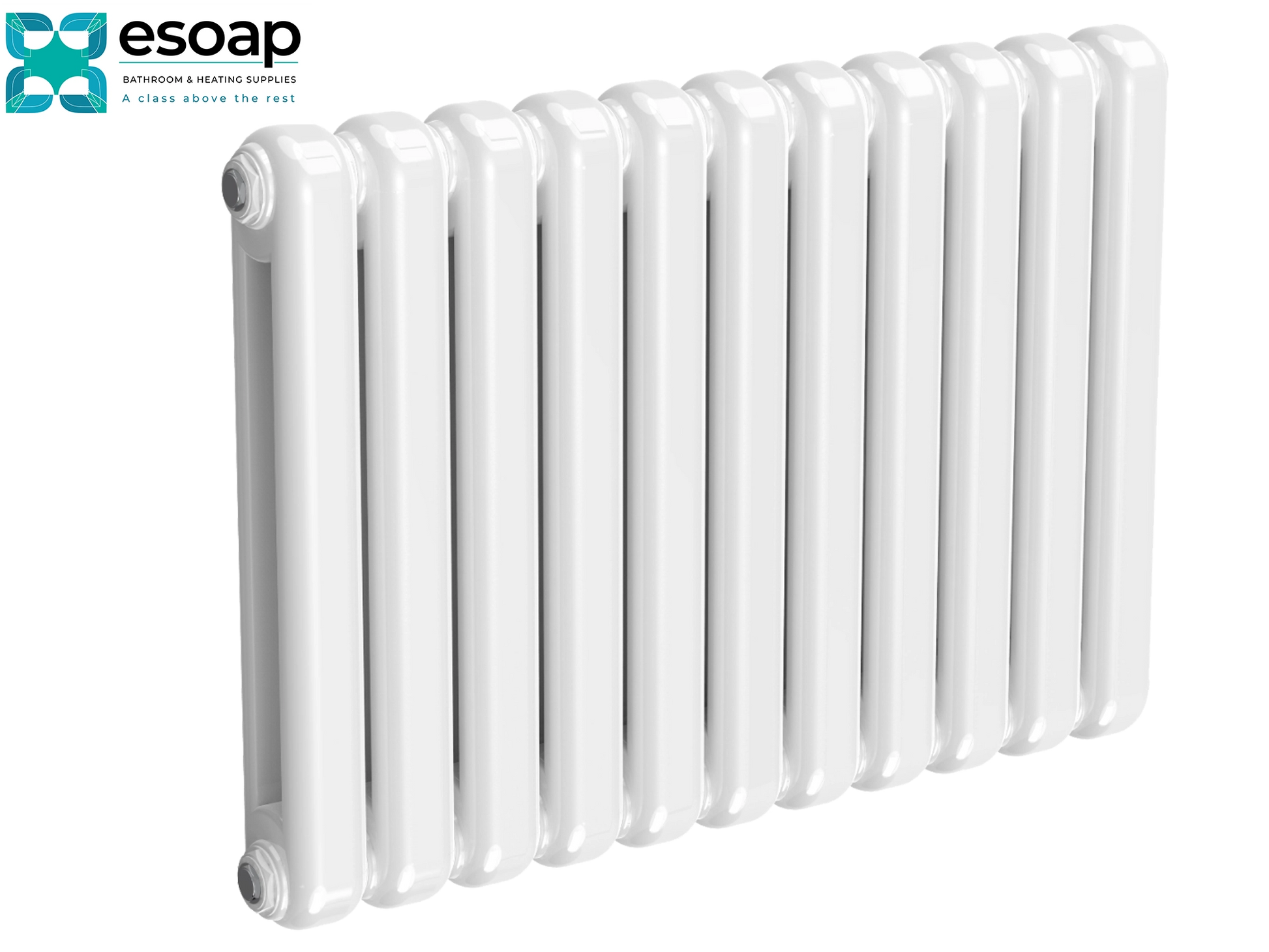 Coneva Horizontal 550 x 790 White radiator with Esoap branding on a transparent background