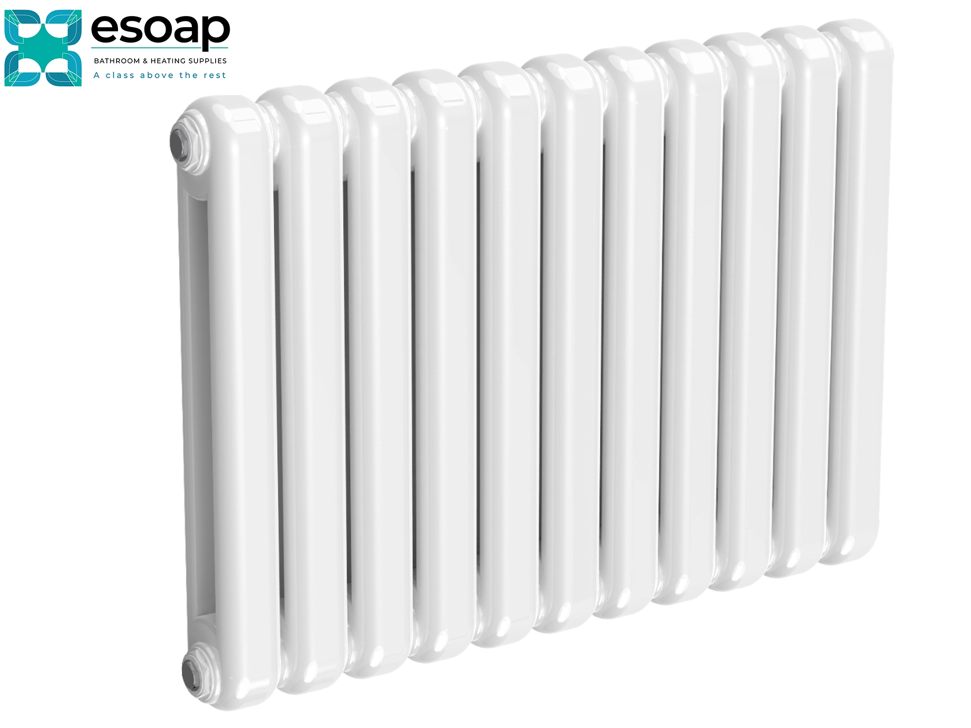 Coneva Horizontal 550 x 790 White radiator with Esoap branding on a transparent background