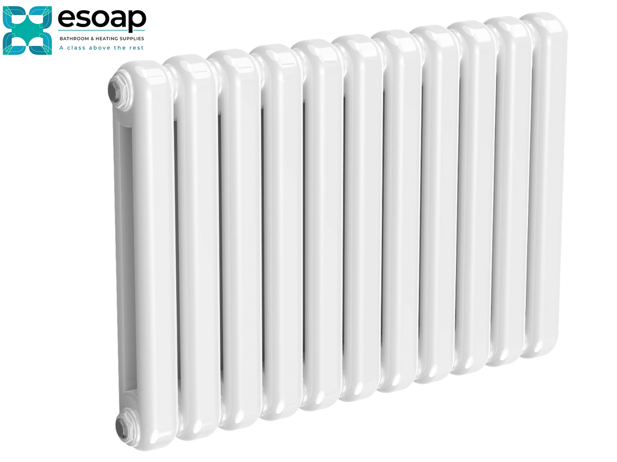A white multi-column radiating panel radiator shown at an angle on a plain white background, with the esoop brand logo in the top-left corner Reina Coneva Horizontal 550x790 White Designer Radiator