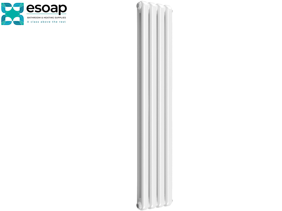 A tall white multi-bar radiator shown vertically against a plain white background, with the Esoap brand logo in the top-left corner Reina Coneva Vertical 1500x300 White Designer Radiator