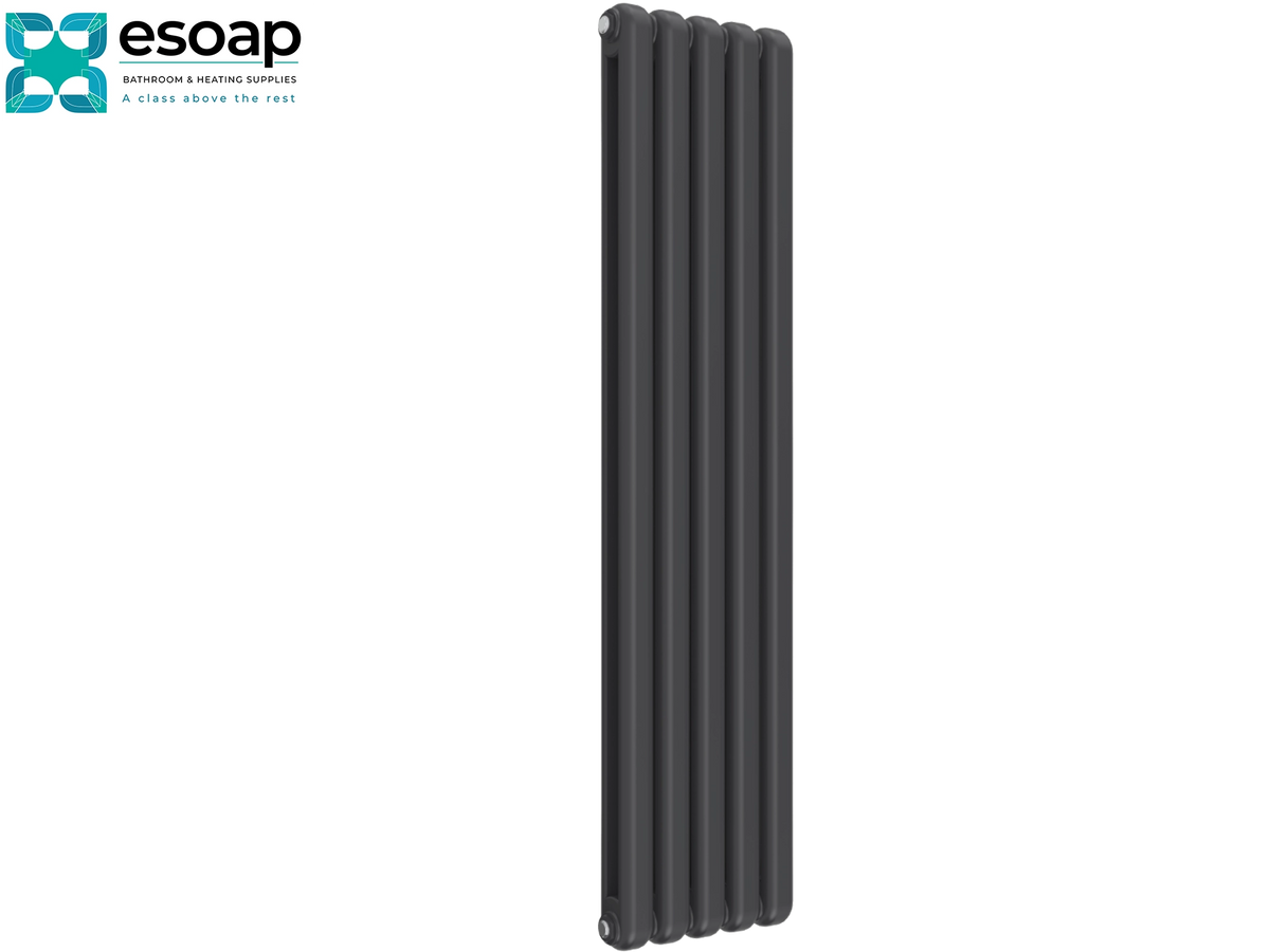 A tall, narrow dark gray vertical panel radiator shown on a plain white background, with the Esoap brand logo in the top-left corner Reina Coneva Vertical 1500x370 Anthracite Designer Radiator
