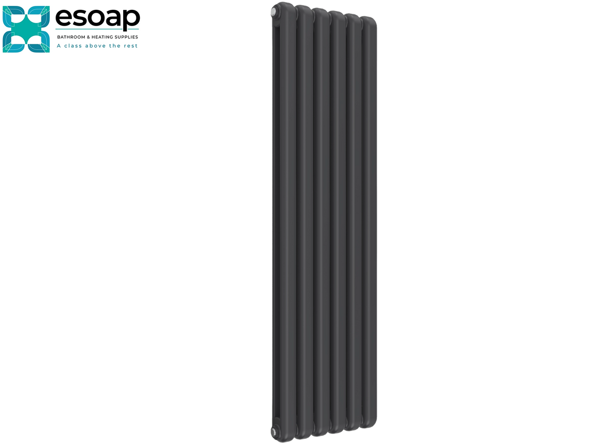 A tall, dark gray multi-bar radiator shown vertically against a plain white background, with the Esoap brand logo in the top-left corner Reina Coneva Vertical 1500x440 Anthracite Designer Radiator
