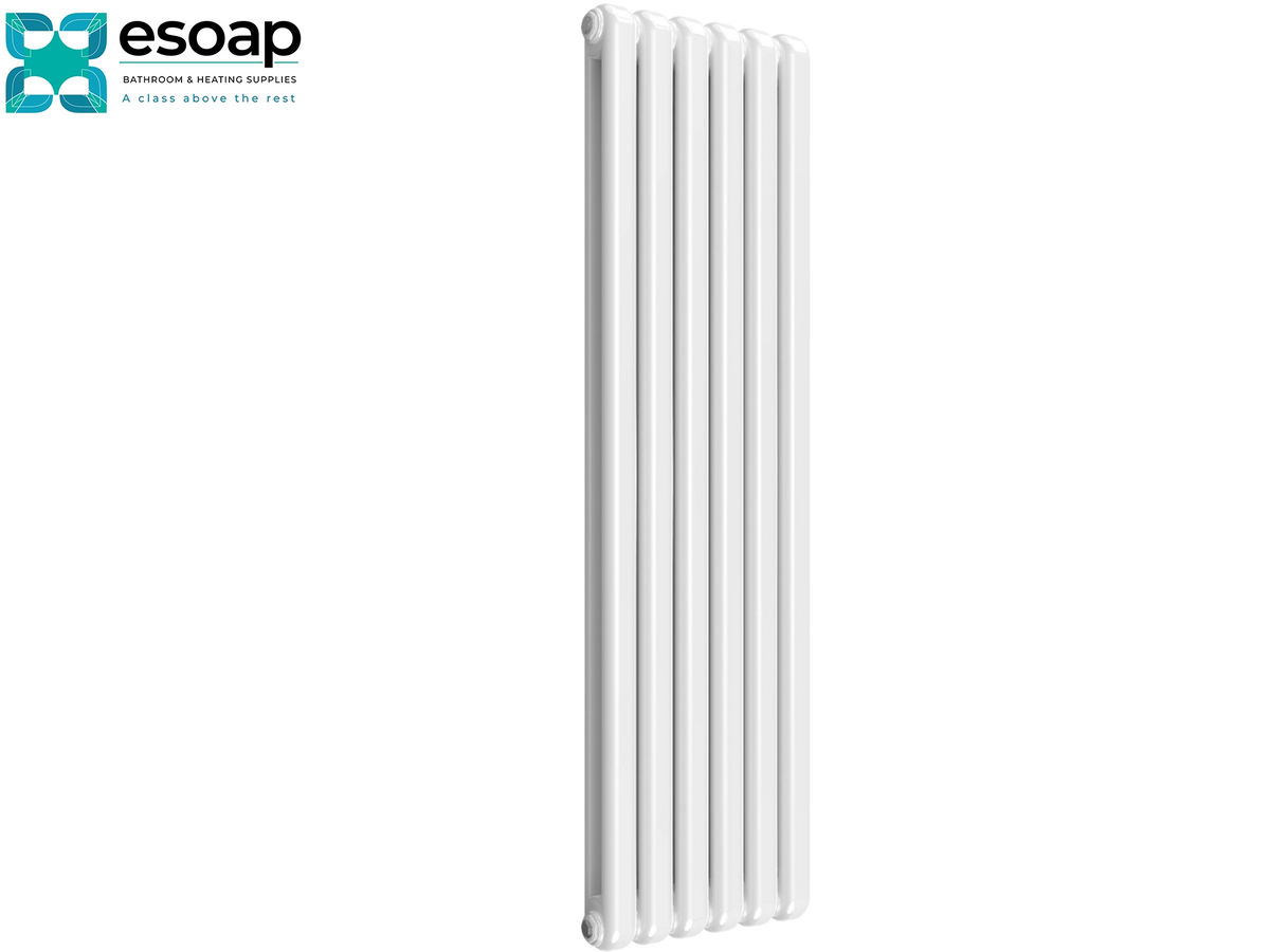 A white multi-bar radiator shown vertically against a plain white background, with the Esoap brand logo in the top-left corner Reina Coneva Vertical 1500x440 White Designer Radiator