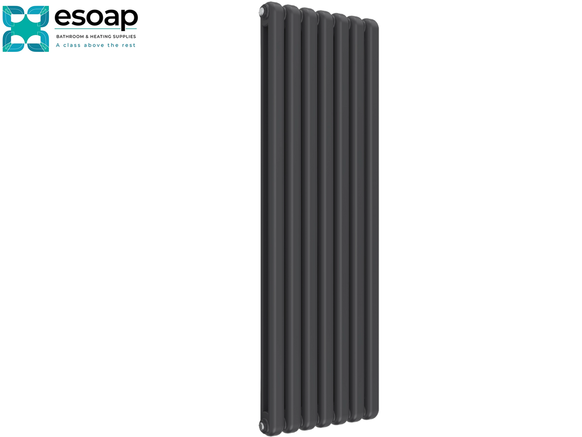 A tall, dark charcoal gray cast iron radiator shown on a plain white background, with the Esoap brand logo in the top-left corner Reina Coneva Vertical 1500x510 Anthracite Designer Radiator
