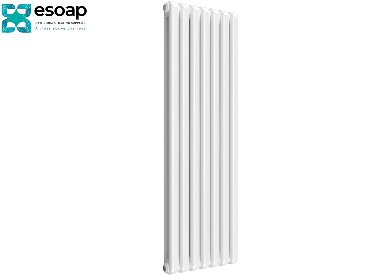 A tall white multi-arm radiator shown on a plain white background, with the Esoap brand logo in the top-left corner Reina Coneva Vertical 1500x510 White Designer Radiator