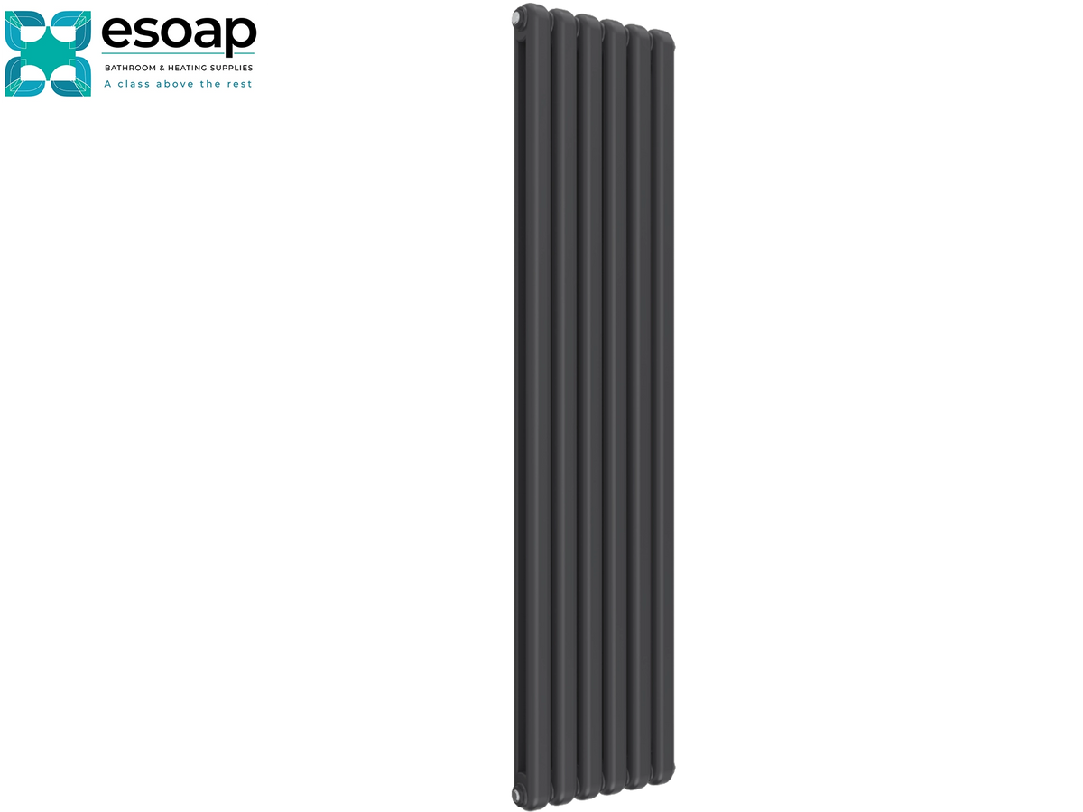 A tall, dark charcoal gray multi-panel vertical radiator shown on a plain white background, with the Esoap brand logo in the top-left corner Reina Coneva Vertical 1800x440 Anthracite Designer Radiator
