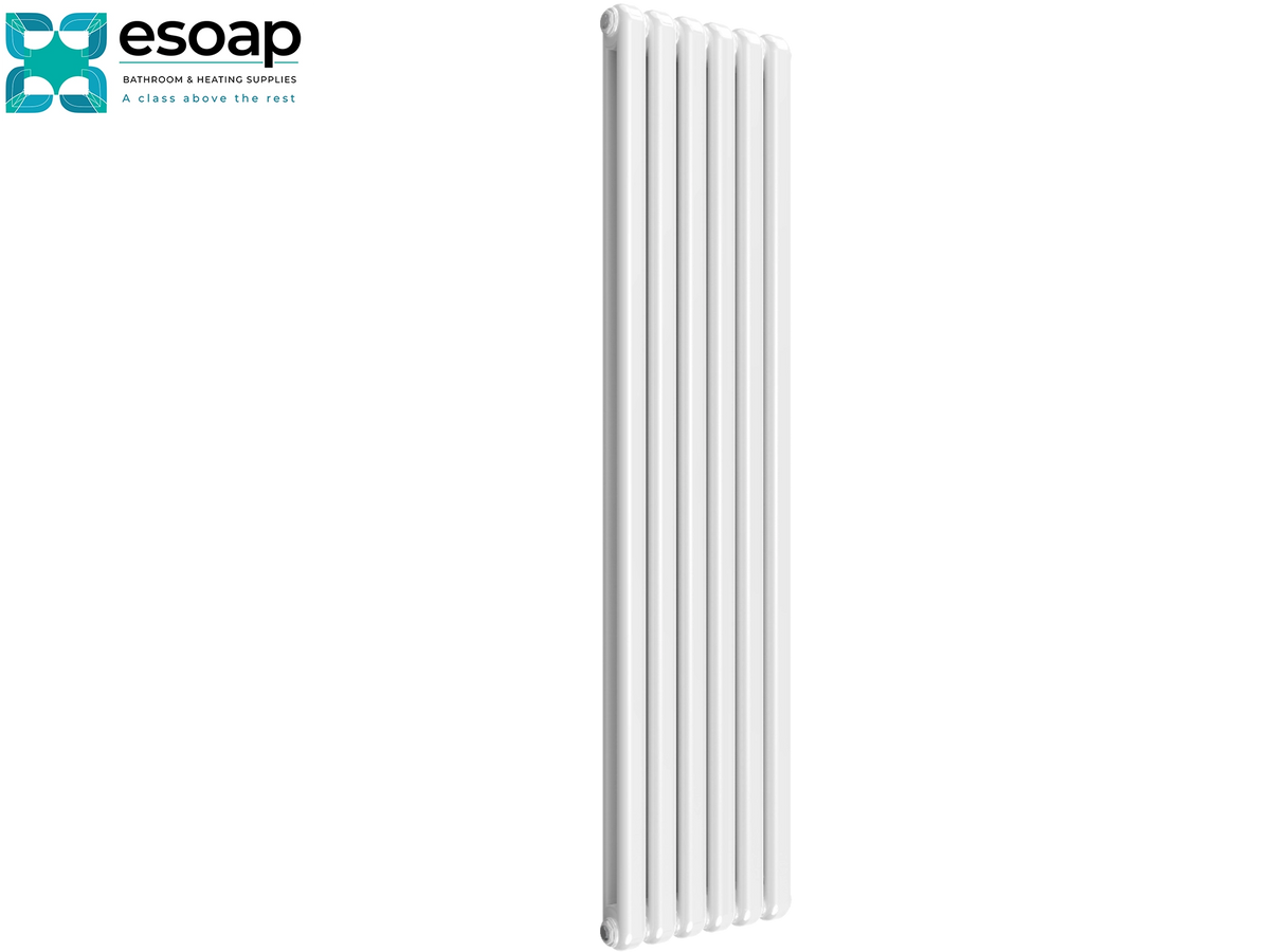 A tall, slim white panel radiator shown on a plain white background, with the Esoap brand logo in the top-left corner Reina Coneva Vertical 1800x440 White Designer Radiator
